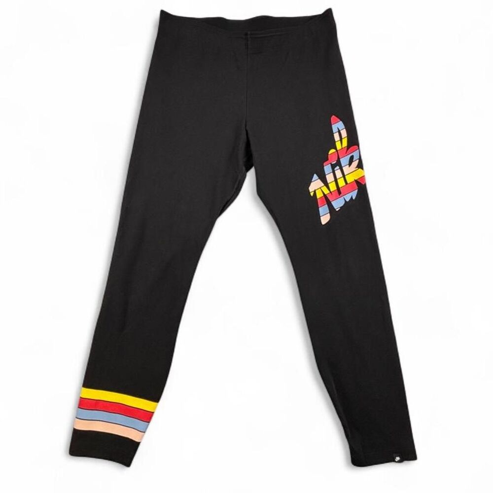 Nike Women’s Black Leggings Size L Multicolor Rainbow Logo Stripe Athletic Y2K